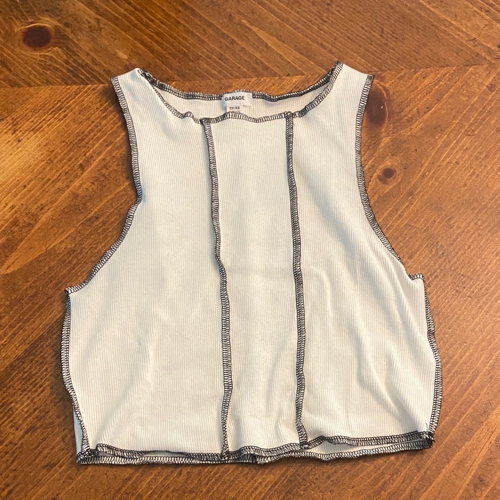 Garage White Tank Top with Black Stitching